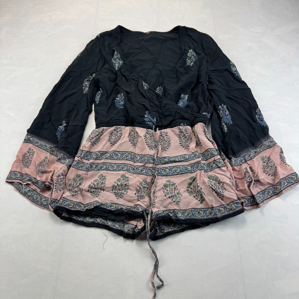 Free People Wrap Romper Womens Small Black Pink Floral Long Sleeve V-Neck Boho